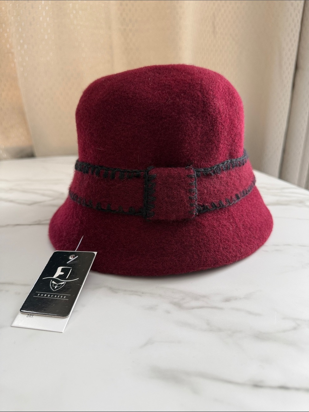 Wool Cloche Hat in Deep Burgundy with Contrast Stitching